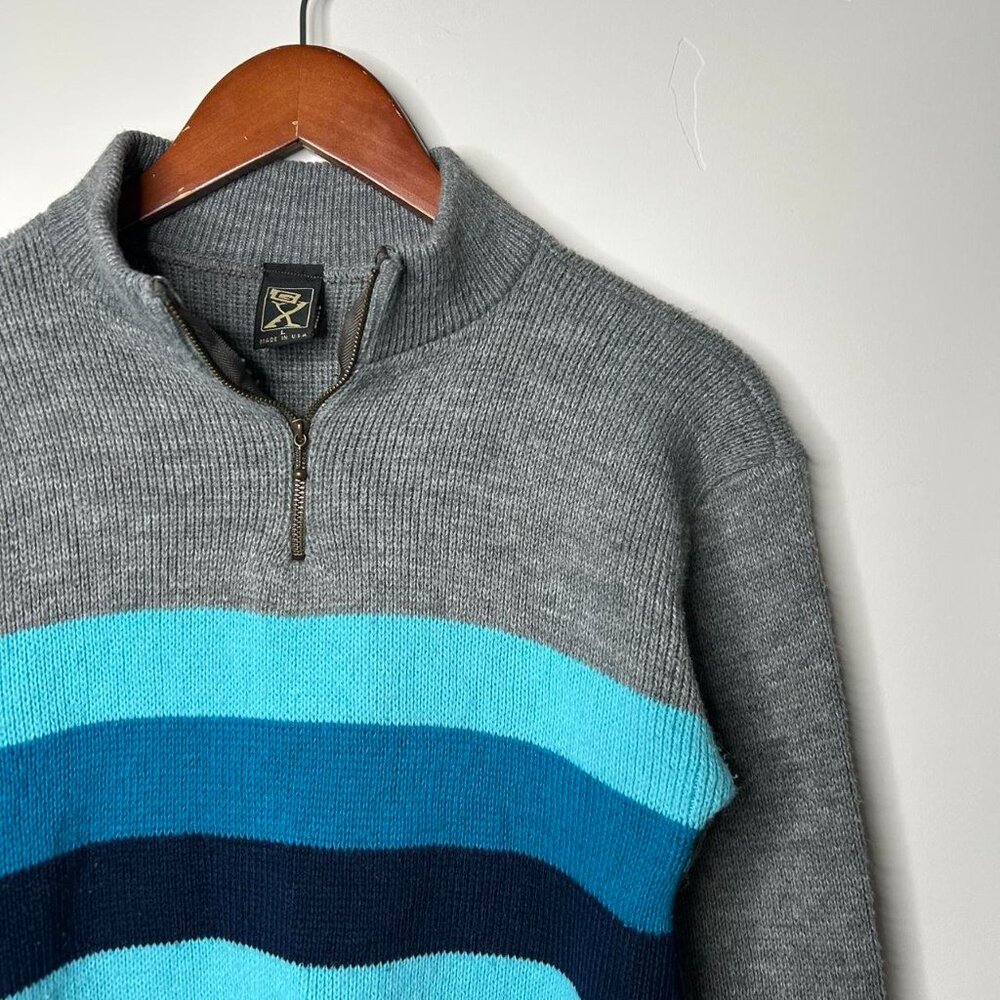 90’s vintage 3 quarter zip sweater size large grey and blue striped 100% acrylic